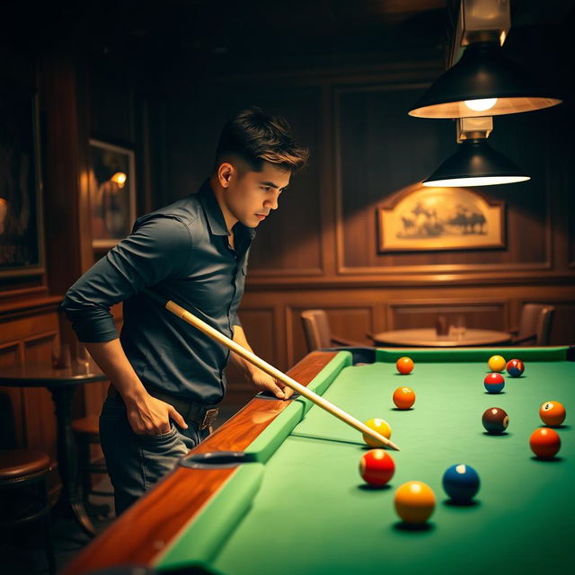 A skilled male billiards player, focused and determined, standing confidently at a pool table