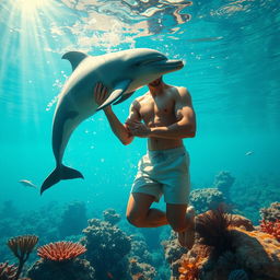 A surreal and imaginative scene featuring a man interacting with a dolphin in an underwater setting