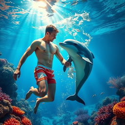 A surreal and imaginative scene featuring a man interacting with a dolphin in an underwater setting