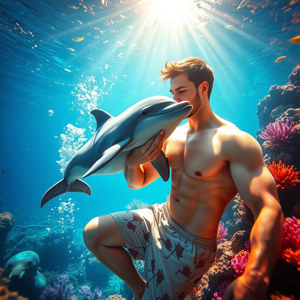 A surreal and imaginative scene featuring a man interacting with a dolphin in an underwater setting