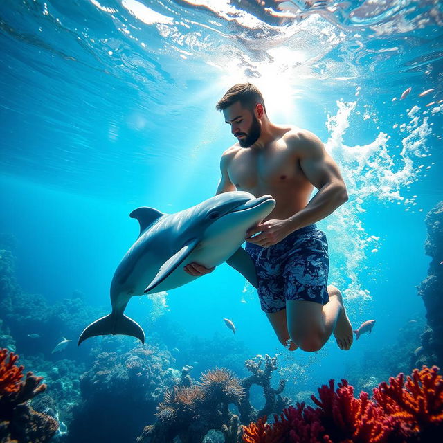 A surreal and imaginative scene featuring a man interacting with a dolphin in an underwater setting