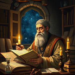 A portrait of the ancient Persian physician and philosopher Zakariya al-Razi, known for his contributions to medicine and chemistry