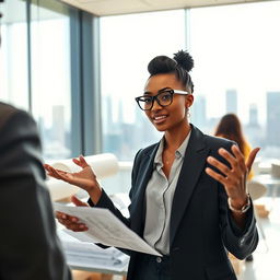 A unique and striking young woman in a sleek, modern engineering office