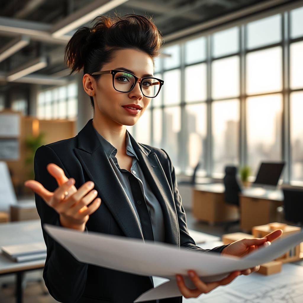A unique and striking young woman in a sleek, modern engineering office