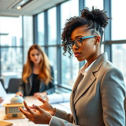 A unique and striking young woman in a sleek, modern engineering office