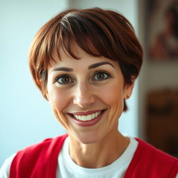 A 40-year-old woman with short, black-red hair and beautiful, large brown eyes