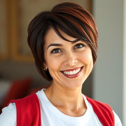 A 40-year-old woman with short, black-red hair and beautiful, large brown eyes