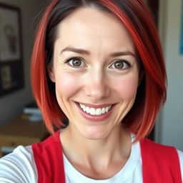 A 40-year-old woman with short, black-red hair and beautiful, large brown eyes