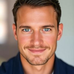 A close-up portrait of a handsome man with a strong jawline and captivating blue eyes