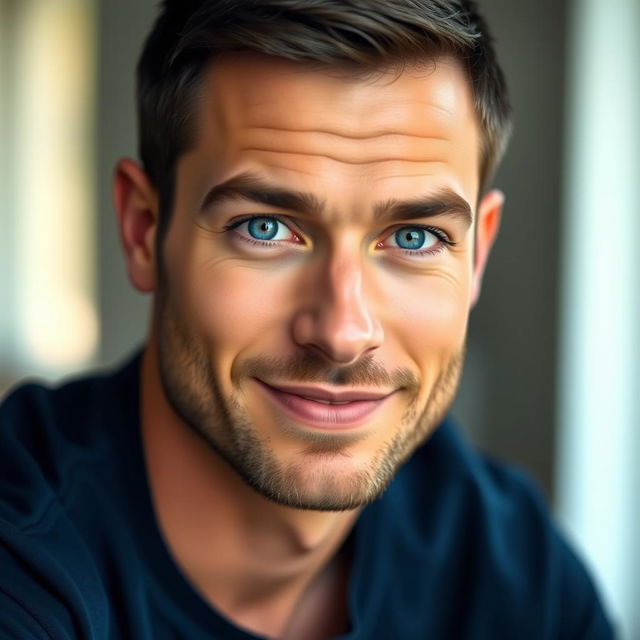 A close-up portrait of a handsome man with a strong jawline and captivating blue eyes