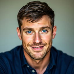 A close-up portrait of a handsome man with a strong jawline and captivating blue eyes
