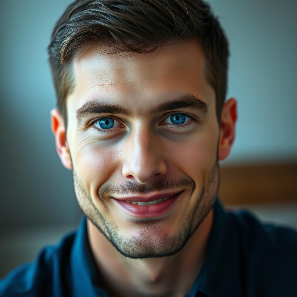 A close-up portrait of a handsome man with a strong jawline and captivating blue eyes