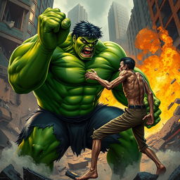 A dynamic battle scene featuring the Hulk, a giant, muscular green superhero with incredible strength, engaging in a fierce confrontation with a very thin, frail-looking man