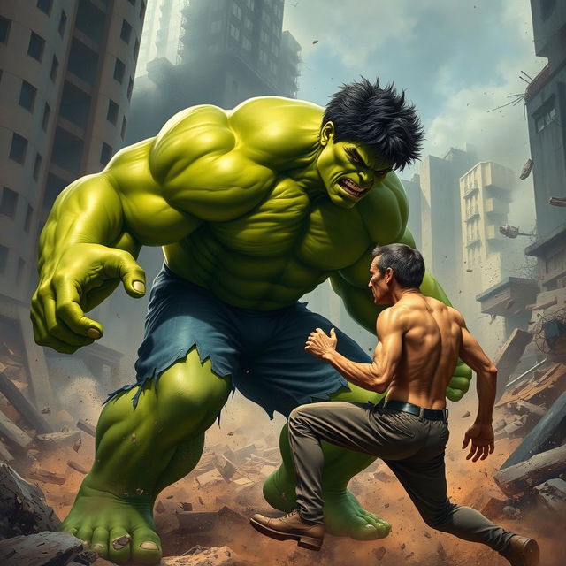 A dynamic battle scene featuring the Hulk, a giant, muscular green superhero with incredible strength, engaging in a fierce confrontation with a very thin, frail-looking man