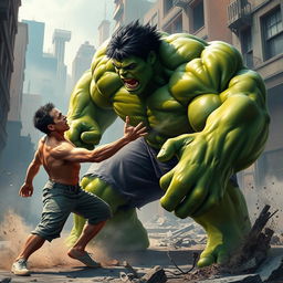 A dynamic battle scene featuring the Hulk, a giant, muscular green superhero with incredible strength, engaging in a fierce confrontation with a very thin, frail-looking man