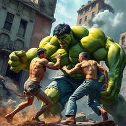 A dynamic battle scene featuring the Hulk, a giant, muscular green superhero with incredible strength, engaging in a fierce confrontation with a very thin, frail-looking man