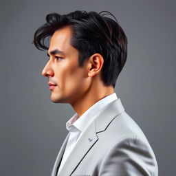 A detailed profile portrait of a distinguished man, showcasing his strong features and elegant demeanor