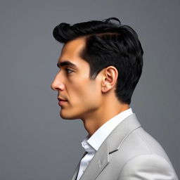 A detailed profile portrait of a distinguished man, showcasing his strong features and elegant demeanor