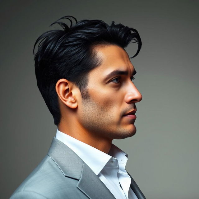 A detailed profile portrait of a distinguished man, showcasing his strong features and elegant demeanor