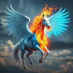 A mythical horse with wings, exuding flames from its mouth