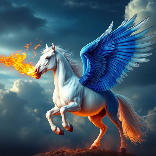 A mythical horse with wings, exuding flames from its mouth