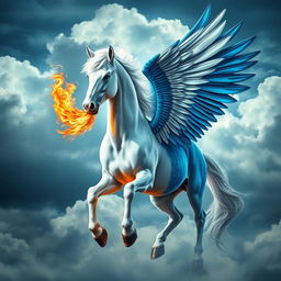 A mythical horse with wings, exuding flames from its mouth
