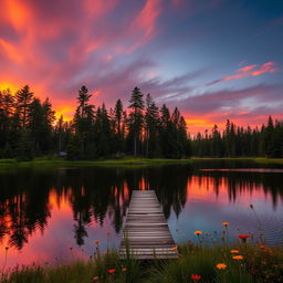 A serene landscape featuring a tranquil lake reflecting the vibrant colors of the sunset, surrounded by towering pine trees