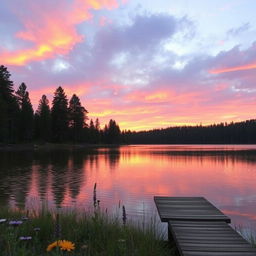 A serene landscape featuring a tranquil lake reflecting the vibrant colors of the sunset, surrounded by towering pine trees