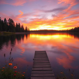 A serene landscape featuring a tranquil lake reflecting the vibrant colors of the sunset, surrounded by towering pine trees