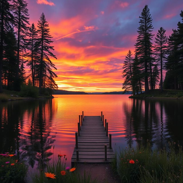 A serene landscape featuring a tranquil lake reflecting the vibrant colors of the sunset, surrounded by towering pine trees