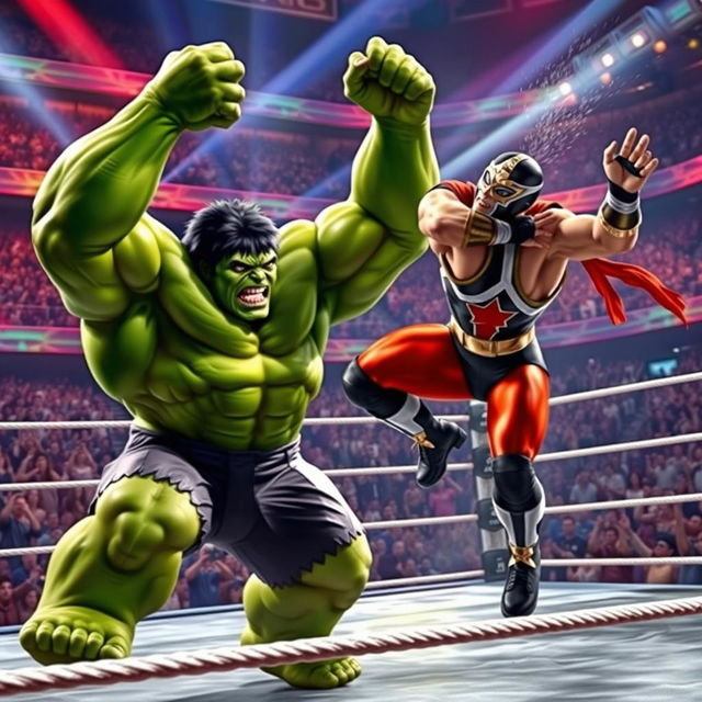 A dynamic and powerful scene depicting the Hulk battling Rey Mysterio in a wrestling ring