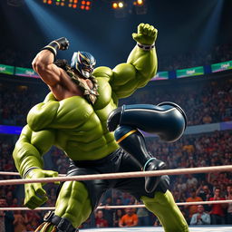 A dynamic and powerful scene depicting the Hulk battling Rey Mysterio in a wrestling ring