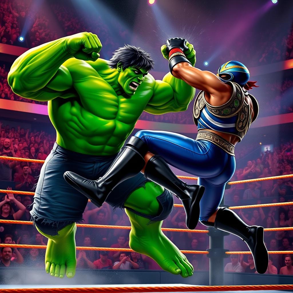 A dynamic and powerful scene depicting the Hulk battling Rey Mysterio in a wrestling ring