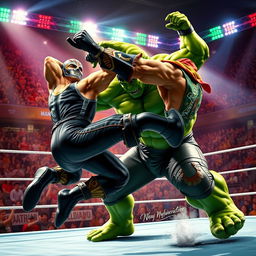A dynamic and powerful scene depicting the Hulk battling Rey Mysterio in a wrestling ring