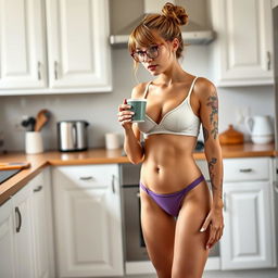 A 29-year-old woman with light brown hair styled in a messy bun, showcasing her long and thin physique