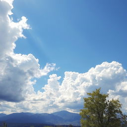 A beautiful sky filled with fluffy white clouds floating against a bright blue backdrop, with rays of sunlight breaking through, creating a stunning interplay of light and shadows