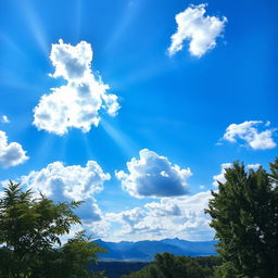 A beautiful sky filled with fluffy white clouds floating against a bright blue backdrop, with rays of sunlight breaking through, creating a stunning interplay of light and shadows