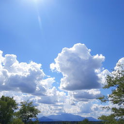 A beautiful sky filled with fluffy white clouds floating against a bright blue backdrop, with rays of sunlight breaking through, creating a stunning interplay of light and shadows