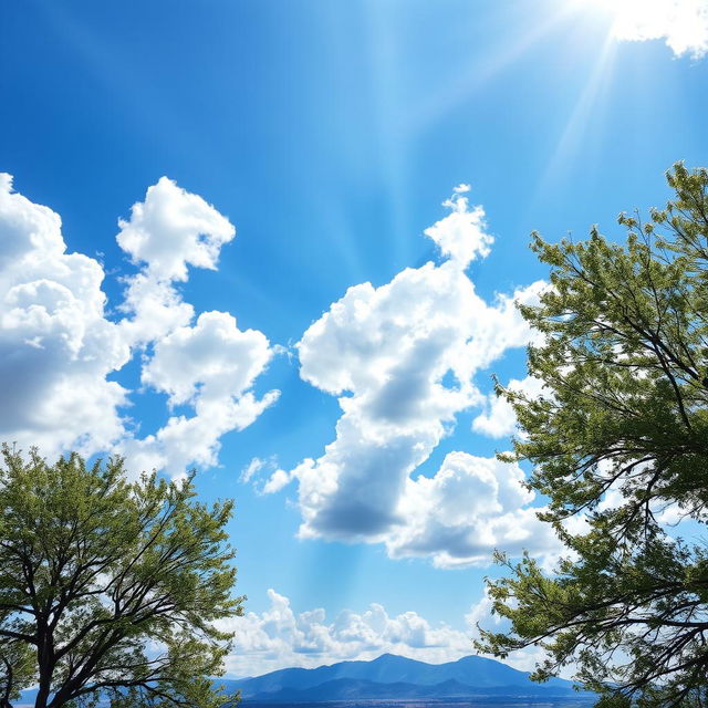 A beautiful sky filled with fluffy white clouds floating against a bright blue backdrop, with rays of sunlight breaking through, creating a stunning interplay of light and shadows