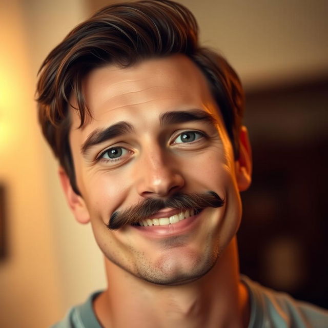 A man with a well-groomed, prominent moustache, completely clean-shaven face with no beard