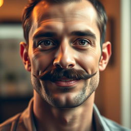 A man with a well-groomed, prominent moustache, completely clean-shaven face with no beard