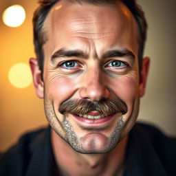 A man with a well-groomed, prominent moustache, completely clean-shaven face with no beard