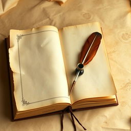 A book cover featuring a Background of parchment or an ancient manuscript, with an elegant quill and an inkpot placed prominently on the front page