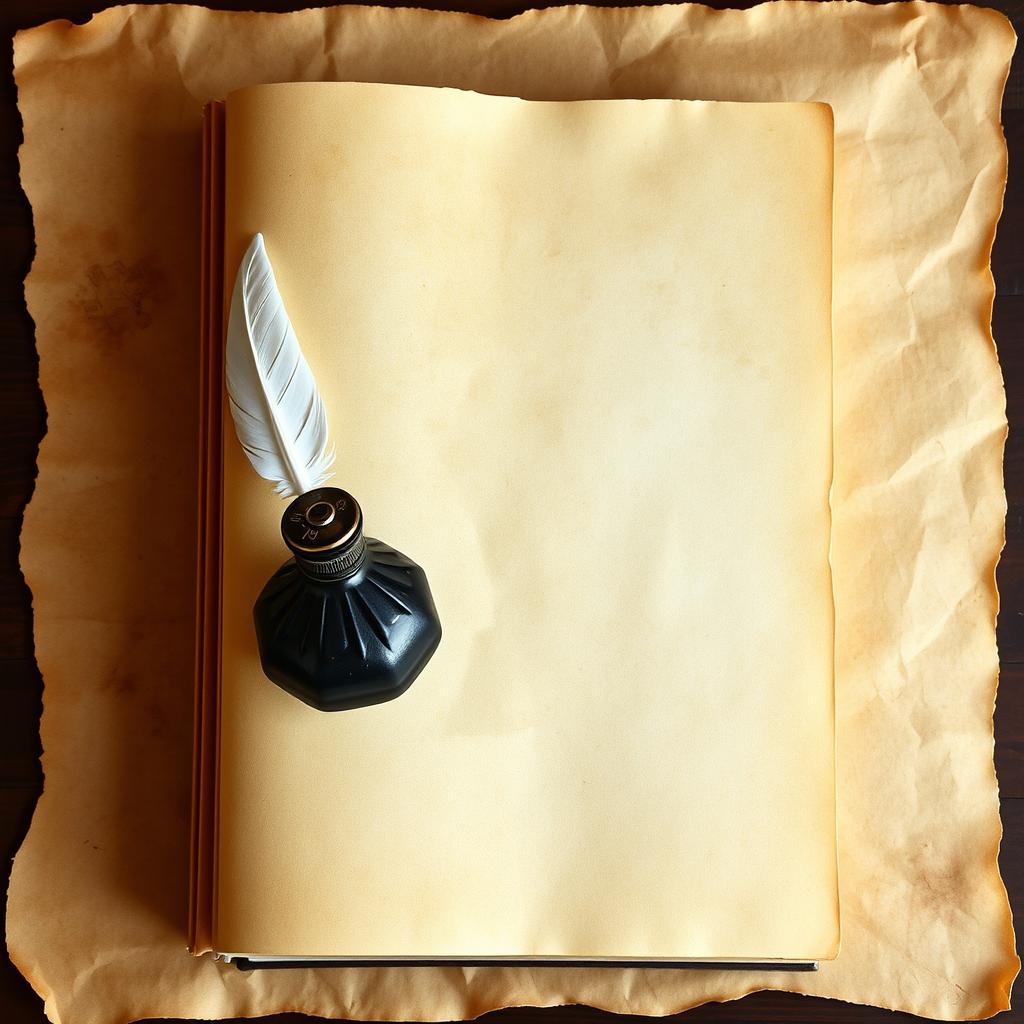 A book cover featuring a Background of parchment or an ancient manuscript, with an elegant quill and an inkpot placed prominently on the front page