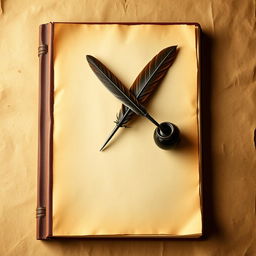 A book cover featuring a Background of parchment or an ancient manuscript, with an elegant quill and an inkpot placed prominently on the front page
