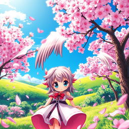 A vibrant and colorful anime-style depiction of a scenic landscape featuring lush green hills and a bright blue sky
