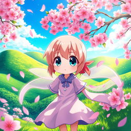 A vibrant and colorful anime-style depiction of a scenic landscape featuring lush green hills and a bright blue sky