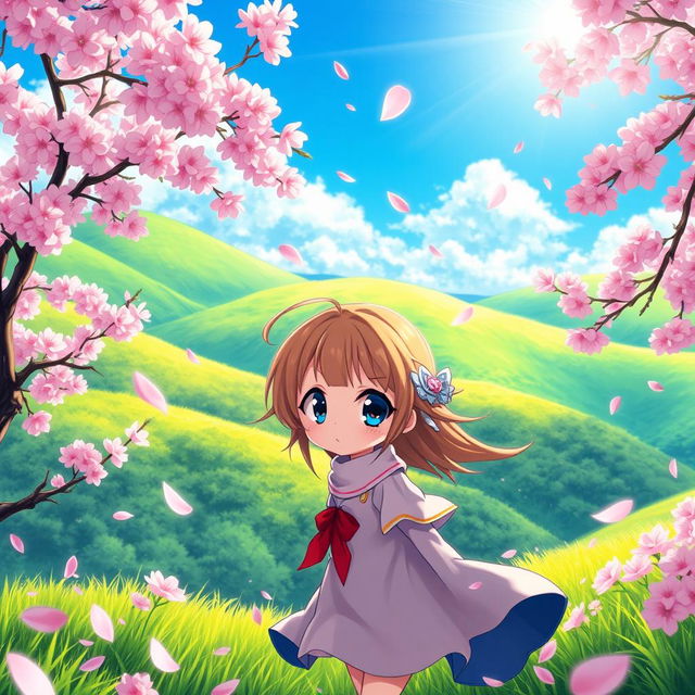 A vibrant and colorful anime-style depiction of a scenic landscape featuring lush green hills and a bright blue sky