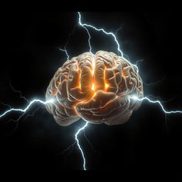 A surreal depiction of a human brain illuminated by flashes of bright lightning in the center, surrounded by dark, mysterious shadows