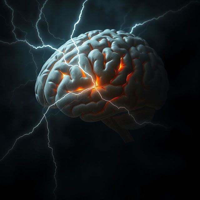 A surreal depiction of a human brain illuminated by flashes of bright lightning in the center, surrounded by dark, mysterious shadows